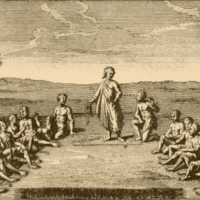 Leaders from five Iroquois nations (Cayuga, Mohawk, Oneida, Onondaga, and Seneca) assembled around Dekanawidah c. 1570, French engraving, early 18th century.