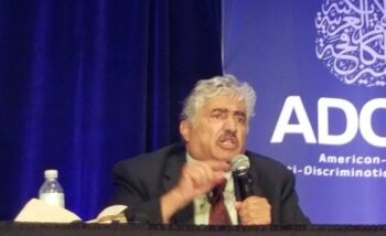 JONATHAN KUTTAB, FOUNDER OF ONE OF THE ORGANIZATIONS CHARGED AS TERRORIST BY ISRAEL, SPEAKING AT THE AMERICAN-ARAB ANTI-DISCRIMINATION COMMITTEE CONFERENCE IN OCT. 2021. PHOTO BY PHIL WEISS.