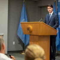 JUSTIN TRUDEAU, PRIME MINISTER OF CANADA, BRIEFS PRESS ON THE SIDELINES OF THE ANNUAL GENERAL DEBATE OF THE GENERAL ASSEMBLY AT UN HEADQUARTERS IN NEW YORK CITY, SEPTEMBER 26, 2018. (PHOTO: LAURA JARRIEL/UN PHOTO)