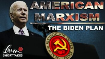 A graphic from Levin’s online ‘Shorttakes’ program from Blaze TV depicts President Joe Biden as a crazed Marxist imposing a Soviet dictatorship on the United States. (Graphic: via Blaze TV)