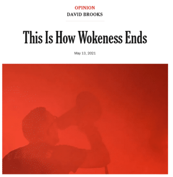 David Brooks (New York Times, 5/13/21) on “woke” language: “Performing the discourse by canceling and shaming becomes a way of establishing your status and power as an enlightened person.”