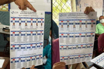 The ballots in Nicaragua’s November 7, 2021 elections. The right is the ballot on the Caribbean Coast, with 7 options. The left is the ballot everywhere else, with 6 options.