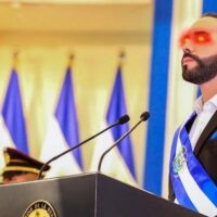 | President of El Salvador Nayib Bukele who accompanied his declaration that cryptocurrency would be recognised as legal tender in June by changing his Twitter profile pic to this version of himself with glowing laser eyes | MR Online