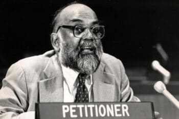 Circa 1986: Archie Singham speaking at the United Nations on Namibia.