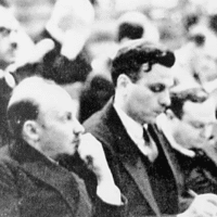 The Soviet delegation at the International History of Science Congress in London, 1931: Nikolai Bukharin, Modest Rubenstein, and Boris Hessen in the foreground.