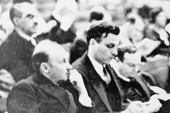The Soviet delegation at the International History of Science Congress in London, 1931: Nikolai Bukharin, Modest Rubenstein, and Boris Hessen in the foreground.
