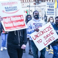 A Philadelphia rally from March, 2021 in solidarity with the drive to unionize Amazon in Bessmer, Alabama. Credit: Joe Piette, Flickr.