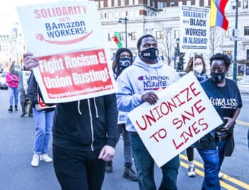 A Philadelphia rally from March, 2021 in solidarity with the drive to unionize Amazon in Bessmer, Alabama. Credit: Joe Piette, Flickr.
