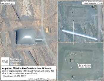 Satellite images show clear features of silo construction near Yumen in central China. (Satellite photo source: Maxar Technologies)