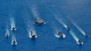 The Ronald Reagan Carrier Strike Group and units from the Japan Maritime Self Defense Force and Australian Defense Force participate in trilateral exercises in the Philippine Sea on July 21 2020 Photo courtesy US Naval Forces Japan