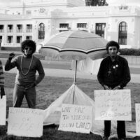 Aboriginal activists establish the Tent Embassy on the lawns in front of Parliament House in Canberra on 26 January 1972. Left to right: Billy Craigie, Bert Williams, Michael Anderson and Tony Coorey PHOTO: Noel Hazzard/Tribune
