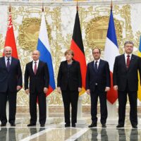 The leaders of Belarus, Russia, Germany, France, and Ukraine at the 11–12 February 2015 summit in Minsk, Belarus
