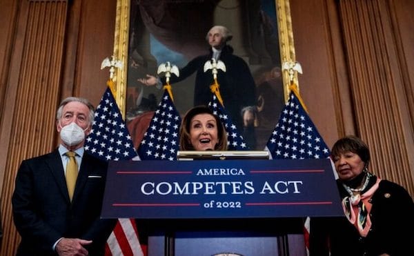 | House Speaker Nancy Pelosi along with Rep Richard Neal DMA and Rep Eddie Bernice Johnson DTX speaking about the America COMPETES Act in the US Capitol on Feb 4 The Act continues the United States policy of militarism first and poor and workingclass people last DREW ANGERERGETTY | MR Online