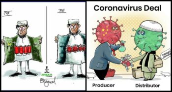 ‘Then and Now’ (left) and ‘Producer-Distributor’ (right), cartoons circulated by Hindutva groups in 2020. (Source: Lakshmi Murthy, ‘The Contagion of Hate in India’). Here the Muslim is not just spreading a disease but has allied with India’s external enemy, China.