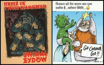 ‘Protect yourself from Typhus, Avoid the Jews’: A Nazi propaganda poster from occupied Poland in 1941 blaming Jews for the spread of lice. ‘Go Corona Go’ (right), a cartoon circulated by Hindutva groups in 2020 showing the coronavirus riding on the shoulders of a Muslim man, being confronted by Narendra Modi and India. Source: US Holocaust Museum, performindia.com