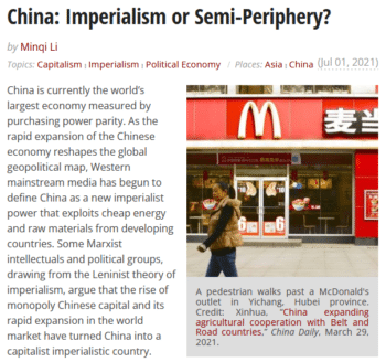 Minqi Li (Monthly Review, 7–8/21): “China continues to have an exploited position in the global capitalist division of labor.”