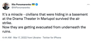 Illia Ponomarenko, correspondent for the U.S. and EU-sponsored Kyiv Independent, cited official sources a day after the theater incident claiming all had survived