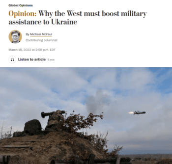 Michael McFaul assures Washington Post readers 31622 If the risk of Russias escalation can be assessed to be below the nuclear threshold thenthe transfer of planes or air defense systems will not trigger World War III