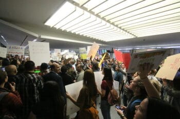 A protest at San Franciso’s International Airport, one of a number of impromptu demonstrations that took place at U.S. airports in the immediate aftermath Trump’s executive order instituting a Muslim Ban. Photo by Quinn Norton.
