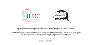 FRONT PAGE OF APARTHEID REPORT BY HARVARD LAW SCHOOL HUMAN RIGHTS CLINIC IN PARTNERSHIP WITH ADDAMEER, PALESTINIAN PRISONER ORGANIZATION. FEBRUARY 2022.