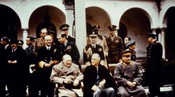 Big Three leaders pose for photo outside historic Yalta conference. 