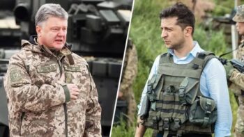 U.S. puppets Petro Poroshenko and Volodymyr Zelensky don their war gear.