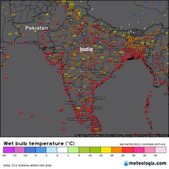 Figure 3. Wet-bulb temperatures at 12Z April 30, 2022, over much of India and Pakistan exceeded 28 degrees Celsius—a dangerously high level. (Image credit: meteorologix.com)