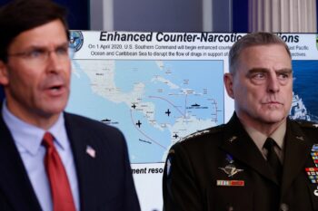 | Esper left breifs the press about US counternarcotics operation around Venezula April 1 2020 next to Gen Mark Milley Alex Brandon | AP | MR Online