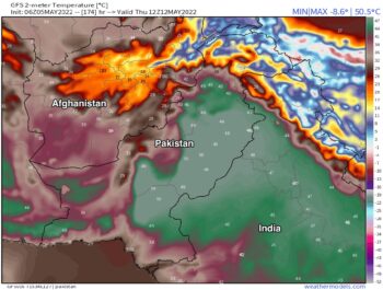 Figure 1. Predicted temperatures for Pakistan and northwestern India at 12Z Thursday, May 12, 2022, from the 6Z Thursday, May 5, run of the GFS model. The model predicted temperatures of 45-50 degrees Celsius (113-122°F) over a large region. (Image credit: weathermodels.com)