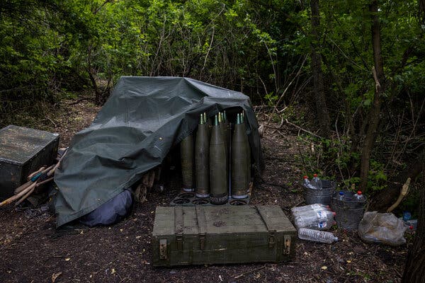 | A stack of 155mm shells sat in a wooded area near a base in the Donetsk region of Ukraine | MR Online