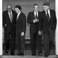 From left to right, Leopoldo Calvo Sotelo, José María Aznar (host of the meeting), Adolfo Suárez and Felipe González, photographed at the Moncloa Palace on the occasion of the 20th anniversary of the first democratic elections after the Civil War. This meeting of the four presidents of the Government was held on June 13, 1997. Photo: Gorka Lejarcegi.