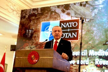 Turkey’s President Recep Erdogan addressing a North Atlantic Council meeting in 2019. (NATO)