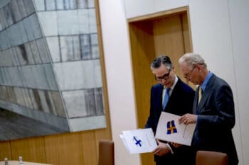 NATO ambassadors Klaus Korhonen of Finland and Axel Wernhoff of Sweden with letters of application on May 18 NATO