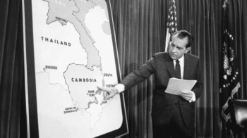 Dick Nixon pointing to Cambodia on a map while announcing U.S. invasion of Cambodia. [Source: history.com]