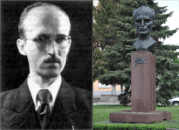 Yaroslav Stetsko, left, with bust of him in Ternopil in Ukraine. [Source: forward.com]