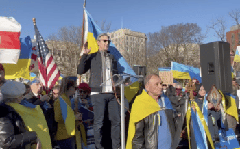 Damon Wilson addresses pro-Ukraine rally on February 27, 2022, in front of White House demanding that the U.S. send more weapons and advance regime-change efforts in Russia. [Source: ned.org]
