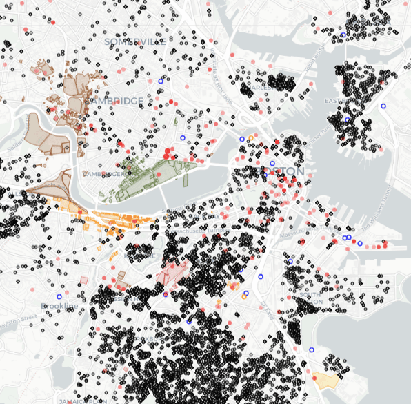 | Map of entities being funded by DoDDHS red dots eviction filings filed between 2015 2021 grey dots and university land parcels Harvard University in brown MIT in green Boston University in orange Northeastern University in red Boston College in yellow Note that eviction filings underestimate the true number of evictions since evictions often happen informally through coercion and intimidation without leaving a legal record | MR Online