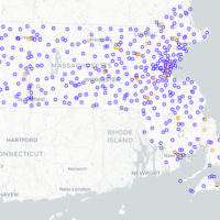 Map of police stations (blue dots) and prisons (orange dots) in Massachusetts.