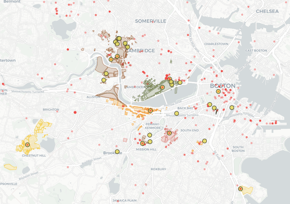 | Map of universities yellow dots entities being funded by DoDDHS red dots and university land parcels Harvard University in brown MIT in green Boston University in orange Northeastern University in red Boston College in yellow | MR Online