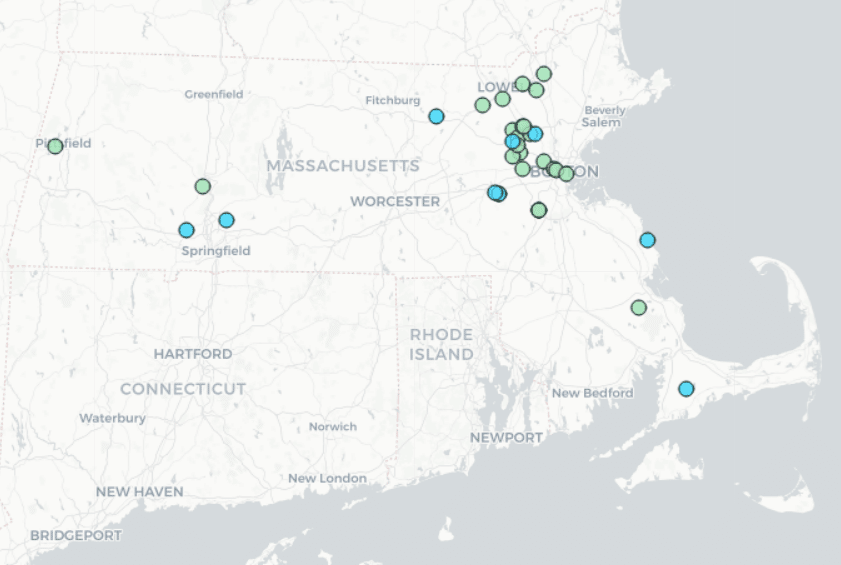 | Map of weapons developers and weapons research laboratories light green and US military bases light blue in Massachusetts | MR Online