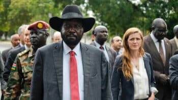 South Sudan’s Salva Kiir, left, walks with Samantha Power outside the presidential compound in Juba, South Sudan, Sept. 4, 2016. Justin Lynch | AP