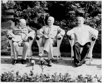 From left, British Prime Minister Winston Churchill, U.S. President Harry S. Truman and Soviet leader Josef Stalin during the Potsdam Conference, 1945. (U.S. National Archives and Records Administration, Wikimedia Commons)