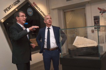 Amazon CEO Jeff Bezos meets Defense Secretary Ash Carter, a major customer, at the Pentagon on May 5, 2016. [Photo: Department of Defense/Senior Master Sgt. Adrian Cadiz]