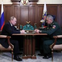 Russian President Vladimir Putin (L), at a meeting with Defence Minister Sergey Shoigu, revealed proposals of army commanders in Ukraine “for the development of offensive operations”, Moscow, July 4, 2022