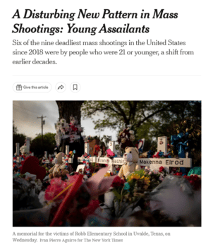 The fact that nine of the nine deadliest mass shootings since 2018 were committed by males is apparently a less disturbing pattern to the New York Times (6/2/22).