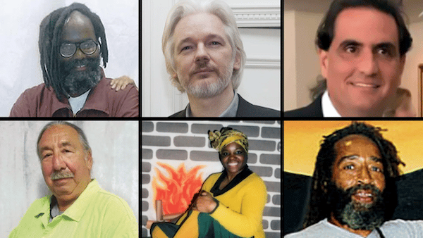 MR Online | Just a few of the political prisoners in the United States from top left to bottom right Mumia Abu Jamal Julian Assange Alex Saab Leonard Peltier Joy Powell Veronza Bowers | MR Online