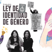 Illustrations by Cressida Knapp. Archive images show Karina Urbina protesting in 1991 (top); Diana Sacayán receiving her DNI from Fernández de Kirchner in 2012