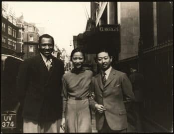 The ‘Black King of Songs’ Paul Robeson, the Chinese American actress Anna May Wong and the ‘King of Beijing Opera’ Mei Lanfang in London in 1935. Courtesy the Beinecke Rare Book and Manuscript Library, Yale University Library, JWJ MSS 76
