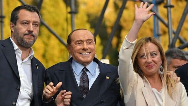 MR Online | The troika leading the far right coalition that won Italys election Giorgia Meloni R Silvio Berlusconi C and Matteo Salvini L | MR Online