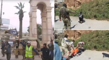 Left: A White Helmets member celebrates Al Qaeda’s capture of Idlib, March 2015. Right: White Helmets assist an execution carried out by insurgents in Haritan, May 2015.